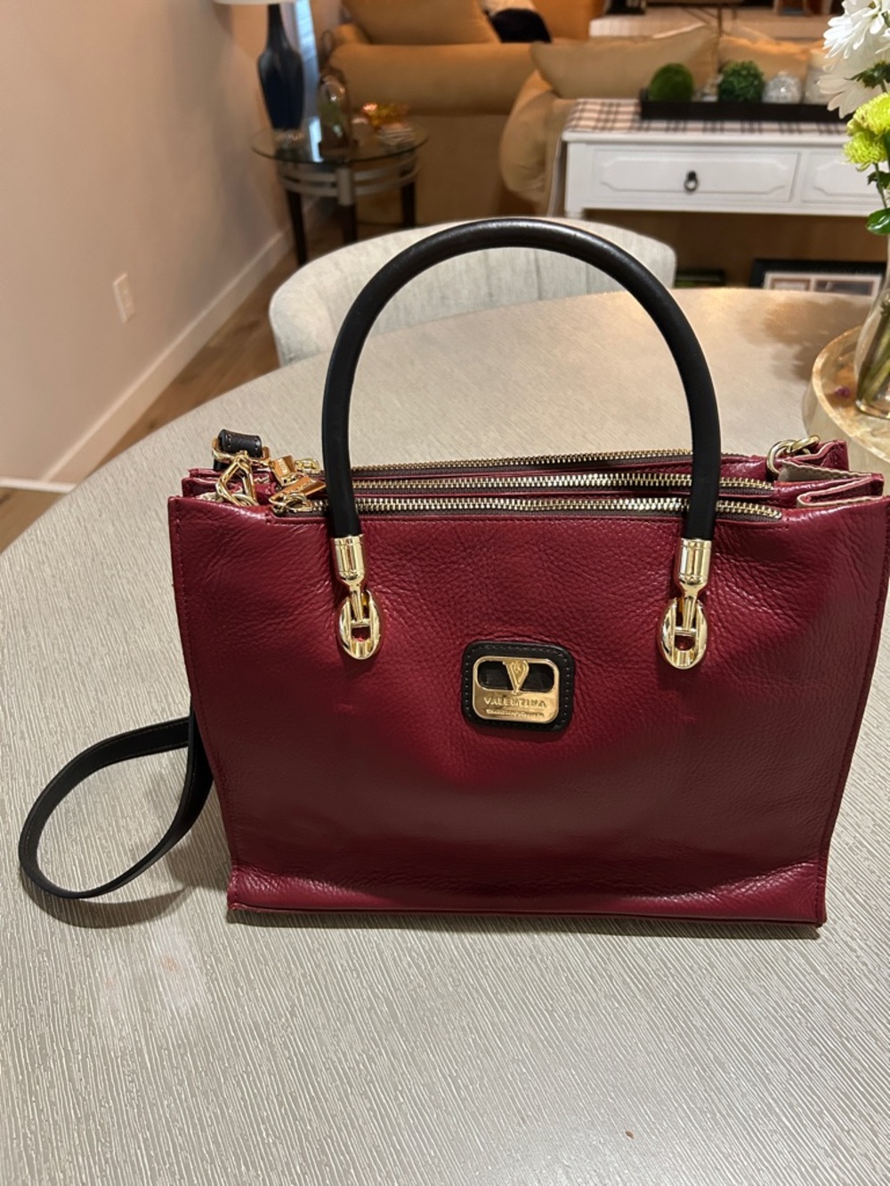 Valentina Burgundy and Black Leather Satchel with Gold Hardware